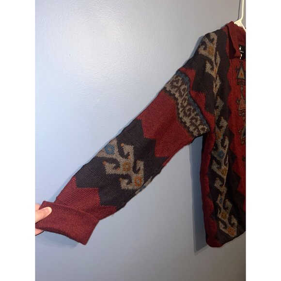 The Peruvian Collection Burgundy Open Front Sweater SZ L Aztec Pattern W Pockets - Picture 2 of 8